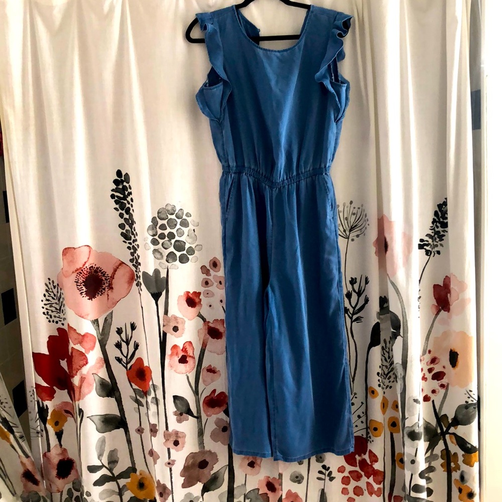 blue wash romper with cinched waste line
